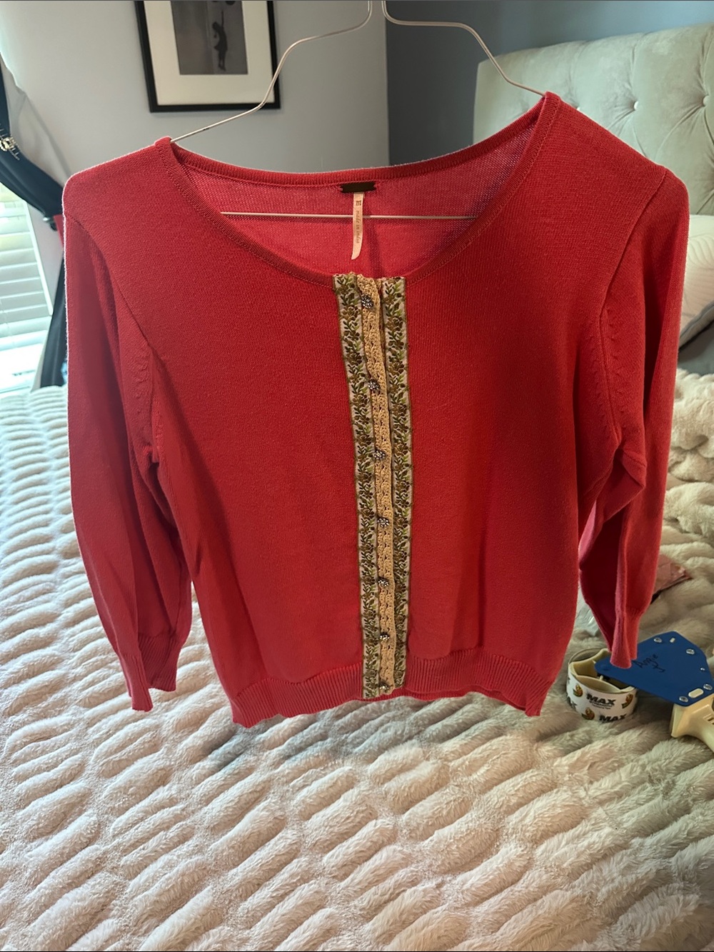 Women’s Pink Free People Knit Sweater with Center Embellished Trim